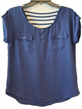Mine Navy Blue Short Sleeve Button-Up Blouse with Back Strap Detail